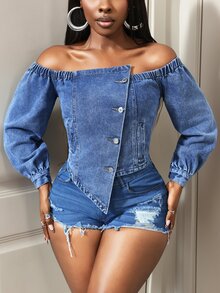 Slaydiva Women's Outdoor Fashion Street Style Asymmetrical Placket Off-Shoulder Blue Denim Top - Dark Wash - View 1