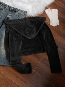 SHEIN EZwear 女款純色長袖拉鍊連帽外套 深色水洗 冬季休閒運動風 - 黑色 - 查看 2