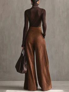 LUMIGAL Women's Elegant Coffee-Colored High-Waisted Wide-Leg Long Pants - Coffee Brown - View 2