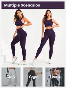SHEIN Sports 女款短版背心與緊身褲無縫高彈性運動套裝 - 紫色 - 查看 6