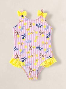 LOONEY TUNES X SHEIN Young Girl Striped Bow Decor Cute One-Piece Swimsuit - Multicolor - View 1