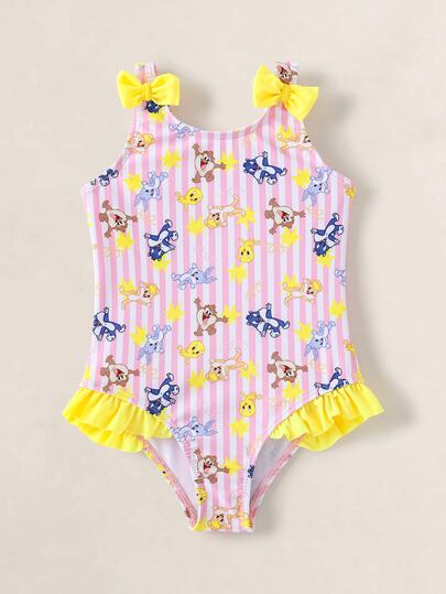 LOONEY TUNES X SHEIN Young Girl Striped Bow Decor Cute One-Piece Swimsuit