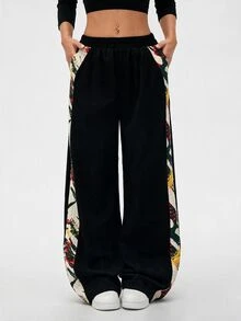SHEIN LUNE 2026歐美新款女款彈性腰燈芯絨直筒休閒長褲 70年代復古風 側面多色幾何印花拼接 - 彩色 - 查看 6