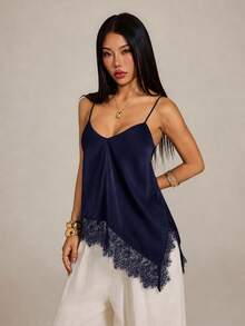 SHEIN PETITE Women's Solid Color Contrast Lace Asymmetrical Hem Fashion Camisole - Navy Blue - View 6