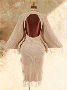 Amplova Women's Vintage Elegant Fashion Fringe Hem Split Sweater Dress Dinner Cocktail Party Tan Autumn - Apricot - View 3