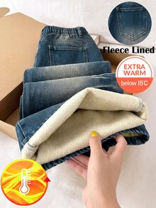 SHEIN Girlism 青少年女孩復古藍色牛仔刷毛內裡寬鬆長褲，秋冬款 - 中等水洗藍 - 查看 1