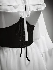 SHEIN ICON Gaun Ukuran Besar Warna Putih Hitam Kerah Persegi Depan Berkerut Pendek Belakang Panjang, Kostum Halloween Gaya Boho Gothic, Pesta Malam Gaya Kapten Istana Musim Gugur - Hitam dan Putih - View 8