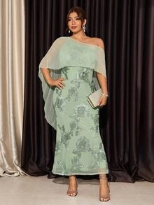 Firerie Plus Size Elegant Party Mesh Patchwork Floral Embroidery Dress - Green - View 5
