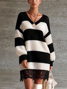 SHEIN Women's Colorblock Casual Daily Knit Dress - Coffee Brown - View 5