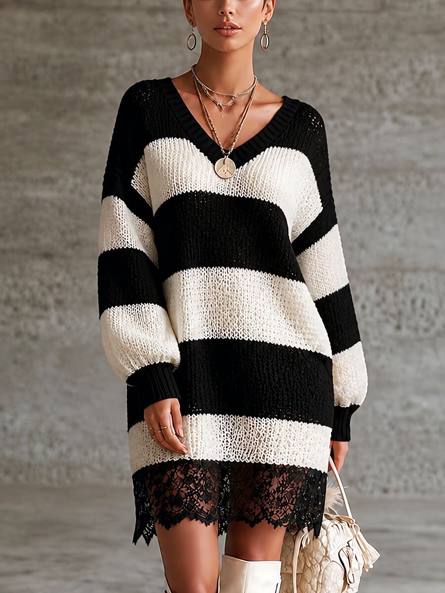 SHEIN Women's Colorblock Casual Daily Knit Dress - Coffee Brown - View 1
