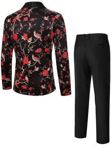 Manfinity Mode Men's Floral & Bird Digital Print Long Sleeve Jacket And Pants Suit Set - Black - View 2