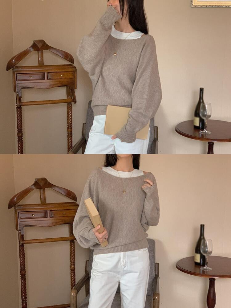 DAZY Slouchy Colorblock Henley Collar Top With Faux Layered Soft Knit Sweater For Women - Khaki - View 7