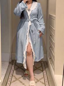 Dazy Plus Autumn/Winter Thick Plush Lace Ruffle Trim Elegant White Long Robe - Baby Blue - View 2