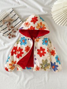 SHEIN 1件幼兒女童可愛3D花朵貼布長袖連帽厚實抓絨內裡拉鍊夾克外套 戶外聖誕冬季秋季 - 彩色 - 查看 4