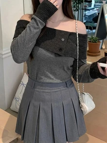 Dazy Plus Korean Style Colorblock Patchwork Off-Shoulder Slim Fit Cropped Long Sleeve T-Shirt - Dark Grey - View 6