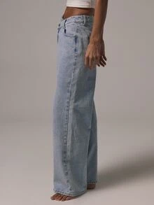 MUSERA Asymmetric Waistband Loose Fit Mid Rise Straight Leg Fit Denim Jeans Autumn Winter Fall Daily Eveyday Core Denim - Baby Blue - View 4
