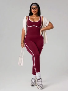 SHEIN Rhythm Era Women's Plus Size Colorblock Trim Sleeveless Fitted Athletic Jumpsuit - Burgundy - View 6