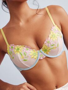 Elorette Yellow Underwire Embroidered Push-Up Lift Floral Pattern Satin Romantic Pastoral Women's Bra - Yellow - View 1