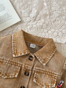 SHEIN Vintaside Kids 2件組女嬰夾克背心洋裝，甜美卡其色多色花卉層次設計，長版無袖翻領常規版型，生日秋季婚禮賓客禮服度假套裝 - 鏽棕色 - 查看 5