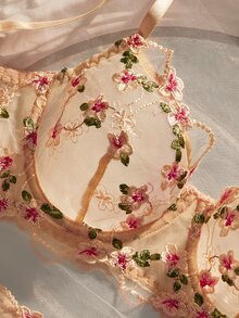 Crystal Vow Floral Embroidery Mesh Lingerie Set For Women, Thin Underwire Bra And Low-Waist Triangle Panty, 2 Pieces Set - Apricot - View 3
