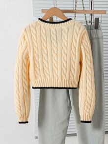 SHEIN 青少年女孩刺繡時尚粗針編織長袖街頭風毛衣 - 黃色 - 查看 2