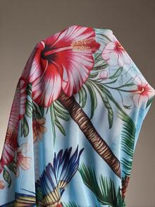 SHEIN Swim 2026SS 春夏新款椰子樹印花度假海灘海邊休閒熱帶風女款罩衫洋裝 淺藍色 - 藍色 - 查看 7