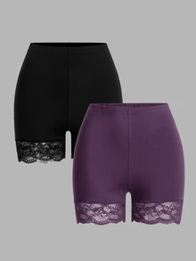 SHEIN Essnce 女款大尺碼 2 件組蕾絲拼接內搭短褲 - 彩色 - 查看 1