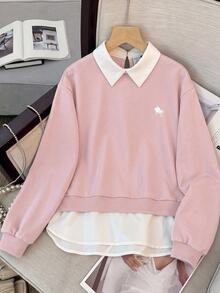 SHEIN 青少年女孩襯衫領刺繡小馬圖案秋冬衛衣 2合1拼接款 - 粉色 - 查看 1