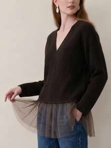 Wandoria Women's Autumn New Single Piece Mesh Patchwork Loose Regular Fit Solid Color Versatile Daily Commute Knit Cardigan Top - Coffee Brown - View 1