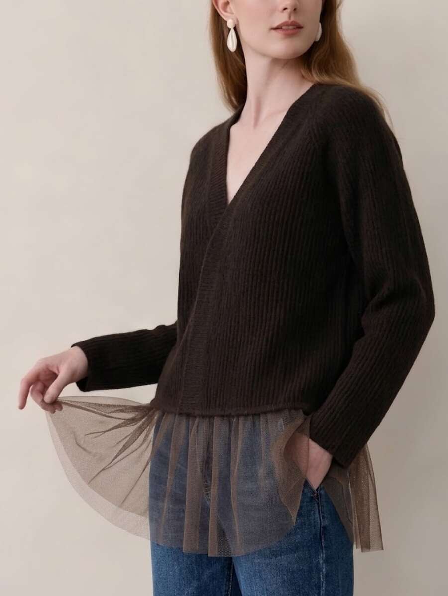 Wandoria Women's Autumn New Single Piece Mesh Patchwork Loose Regular Fit Solid Color Versatile Daily Commute Knit Cardigan Top - Coffee Brown - View 1