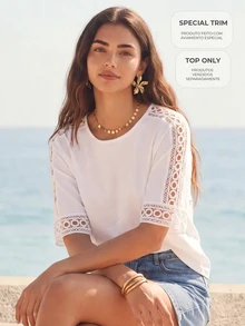 CAJUNI Women's Solid Color Round Neck Short Sleeve Contrast Lace Casual T-Shirt - White - View 9