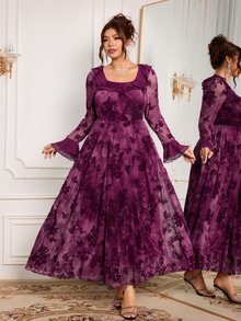 Modelyn Elegant Mesh Flocked Print Ruffle Square Neck Long Sleeve Cinched Waist A-Line Regular Fit Plus Size Dress For Spring And Autumn - Red Violet - View 1