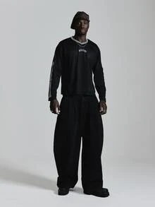 Oversized Drop Shoulder Mesh Graphic Tshirt With Musero Bones "96 MUSERO" Back Print Autum Winter Essentials - Black - View 3