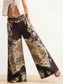 Bohemela Women's High Waist Baggy Wide Leg Floral Leopard Print Patchwork Denim Jeans With Belt Vacation Fall Boho - Multicolor - View 6