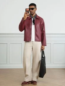 HUEFORM Men's Old Money Purplish-Red Loose-Fit Cropped Lined Jacket, Suitable For Social Media And Street-Style, Gifts For Boyfriend - Burgundy - View 3