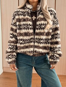SHEIN EZwear 女款長袖前開拉鍊休閒復古幾何圖案抓絨夾克 - 摩卡棕 - 查看 3