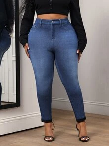 Slaydiva Plus Size Women's High Waist Skinny Casual Versatile Denim Jeans - Dark Wash - View 3
