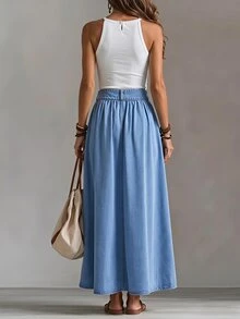 LUMIGAL Women's Fashion Streetwear Pocket Button Denim Skirt - Blue - View 2