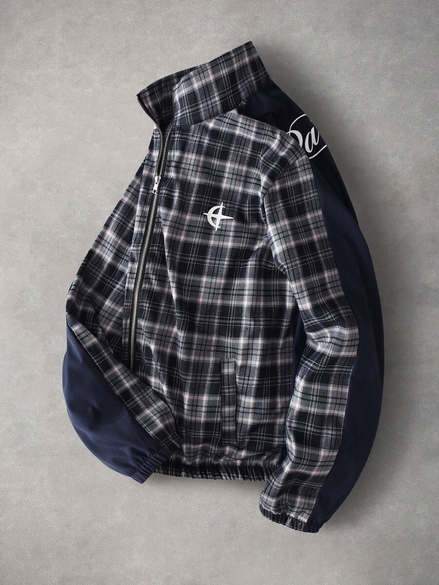 PAVTROS Men's Plaid Patchwork Letter Print Jacket - Navy Blue - View 1