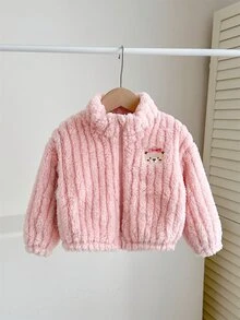 SHEIN 女嬰毛茸茸卡通熊外套 秋冬款 - 粉色 - 查看 9