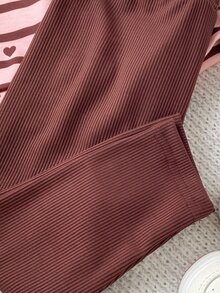 SHEIN Playful Pals 2pcs Baby Girl Sweatshirt Leggings Cute Sweet Pink Brown Striped Heart Bow Print Rib-Knit Long Sleeve Round Neck Regular Holiday Fall Halloween Cozy - Multicolor - View 7
