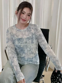 Livesso Tie-Dye Mesh Layered Korean Style T-Shirt - Dusty Blue - View 3