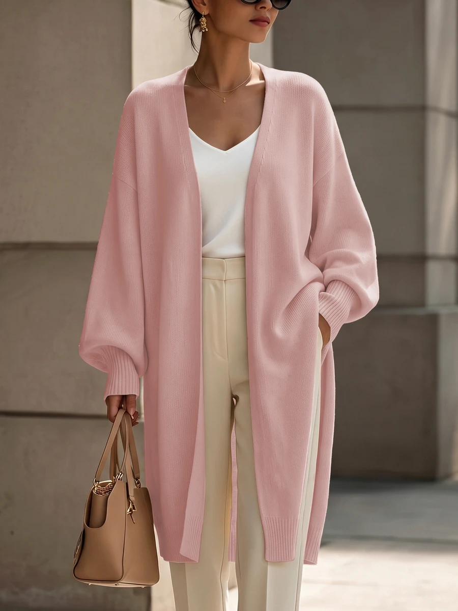 Balvessa Deep V-Neck Drop Shoulder Lantern Sleeve Ribbed Cuff Loose Buttonless Women's Cardigan - Baby Pink - View 1