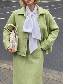 Struktiv Casual Elegant Button Jacket + Skirt Chenille Jacquard Green 2 Pieces Set - Green - View 6
