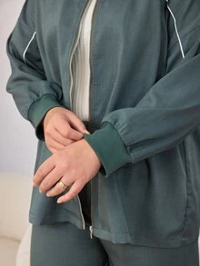 Lacomfia Plus Size Women's Loose Casual H-Line Stand Collar Long Sleeve Zip-Up Jacket And Regular Elastic Waist Straight Leg Pants 2 Pieces Set, Autumn - Green - View 3