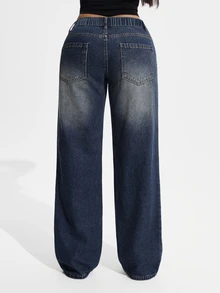Jeanoix Fall Casual Y2K Low Rise Wide Leg Blue Denim Going Out Washed Comfortable Plus Size Jeans For Women - Dark Wash - View 2