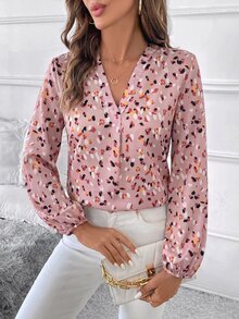 SHEIN Clasi 女款V領滿版印花休閒百搭日常長袖襯衫 - 粉色 - 查看 4