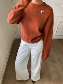 DAZY Women's Loose Round Neck Long Sleeve Casual Holiday Korean Style Autumn/Winter Letter Pattern Embroidered Knit Sweater - Red - View 2