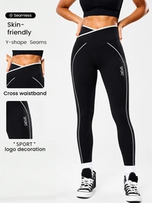 Easithlete Women's Colorblock Letter Print Casual Athletic Low Waist Daily Sports Tight Leggings Jogging Gym Black Winter - Black - View 1