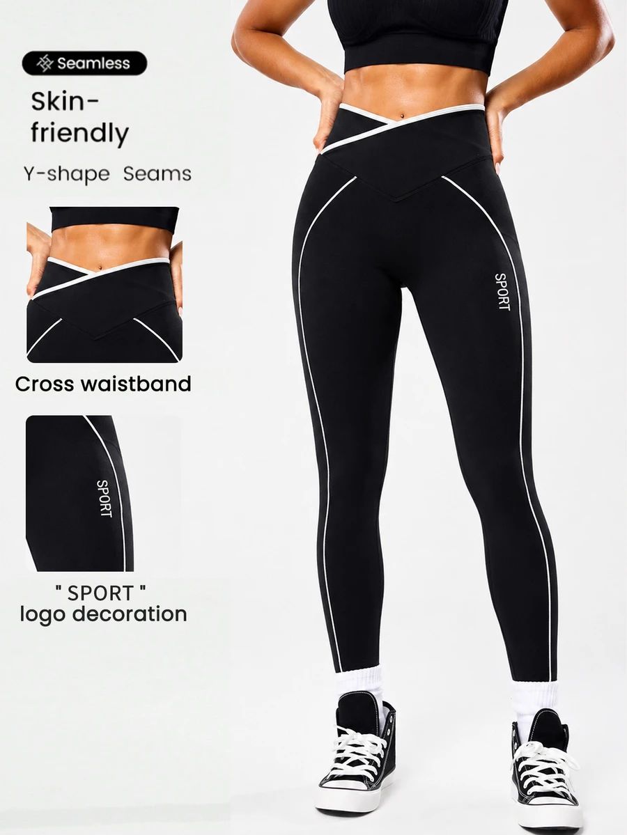 Easithlete Women's Colorblock Letter Print Casual Athletic Low Waist Daily Sports Tight Leggings Jogging Gym Black Winter - Black - View 1